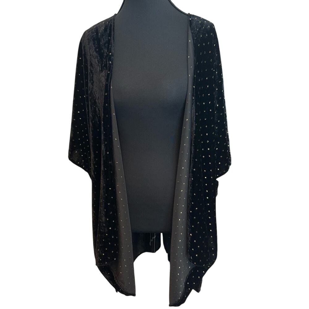 Chico's Velvet Kimono Cardigan Women S/M Black Gold Metallic Foil Dot Open Front